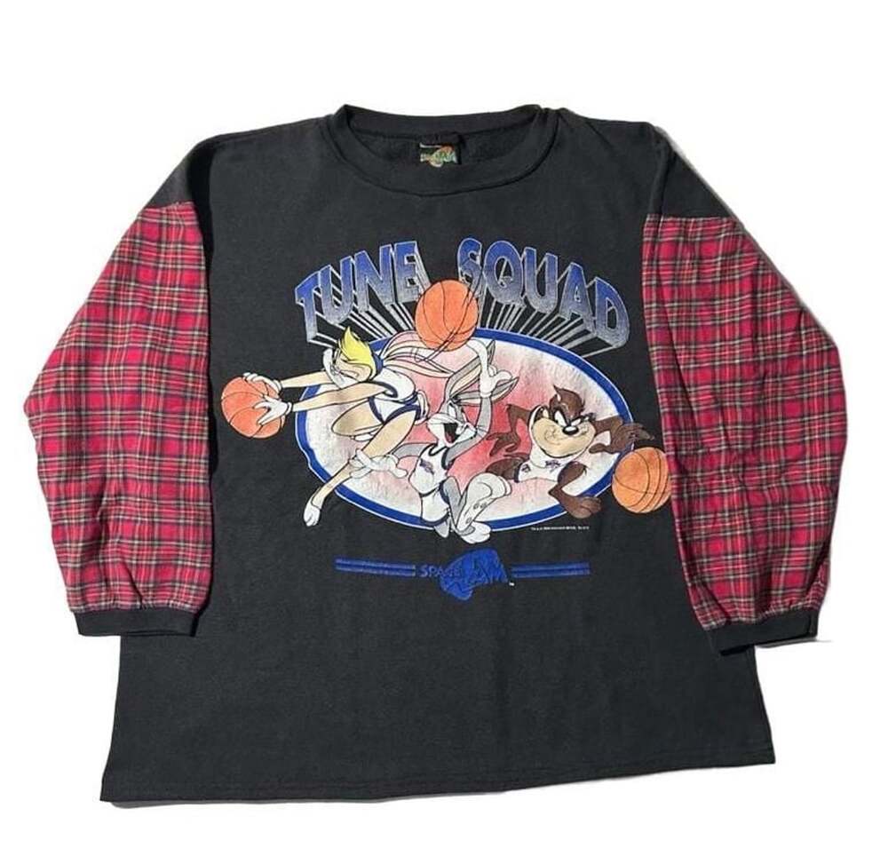 VTG RARE 1996 Warner Bros Space Jam Tune Squad Long Sleeve Shirt Plaid Sleeves